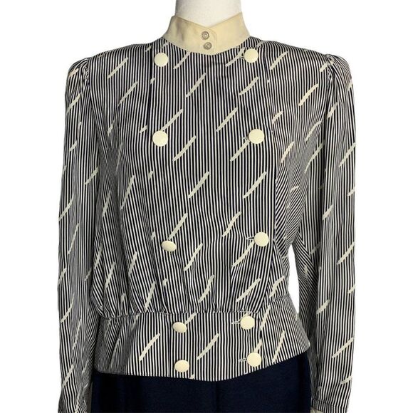 Vintage 80s Louis Feraud Top Skirt Set 12 Navy Blue Linen Silk Stripe - Picture 3 of 9